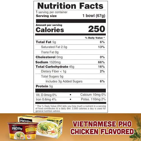 2.4 oz, CHIN-SU Vietnamese Pho Noodle Bowl, Chicken Flavor, Instant Soup with Rice Noodles