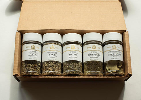 Pack 5 India Tree Kitchen Herb Essentials Gift - Jars of Mediterranean Thyme, Dalmatian Sage, California Basil, Turkish