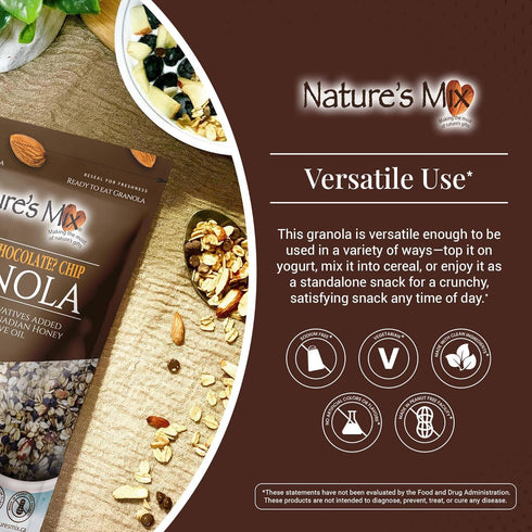 Nature's Mix - Chocolate Chip Granola - Almonds, Chocolate Chips, and Canadian Honey - Dairy and Soy Free - No Added