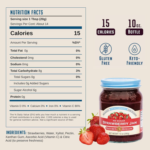 10oz Pack 2 Nature's Hollow Strawberry Jam: Sugar Free Jam and Preserves, Low Cal, Non GMO, Keto Jam, Vegan, Gluten
