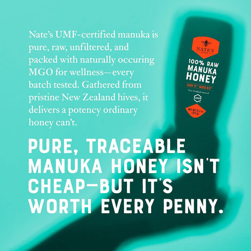 83+ 5+ 13.2 oz Nate's Raw Manuka Honey New Zealand MGO | UMF Certified | Squeeze Bottle