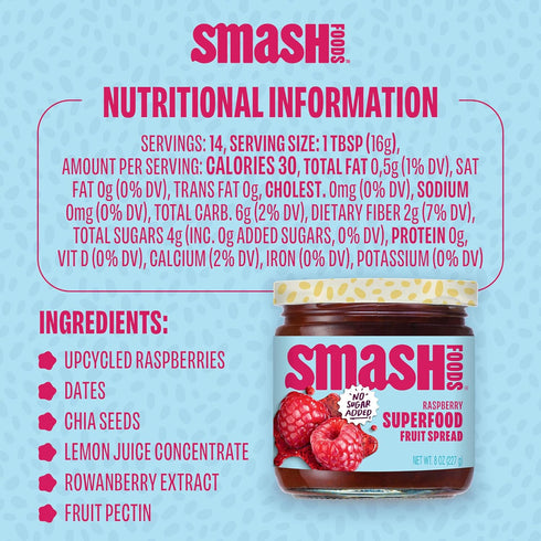 (1 Smash Foods Raspberry Jam | Low-Calorie, No Sugar Added Keto Jam with Upcycled Fruit & Chia Seeds | Vegan, Paleo