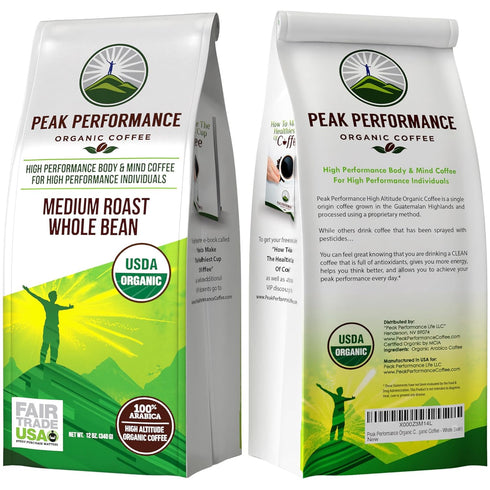 12 oz Peak Performance High Altitude Organic Coffee - Fair Trade, Low Acid, Non GMO, and Beans Full of Antioxidants