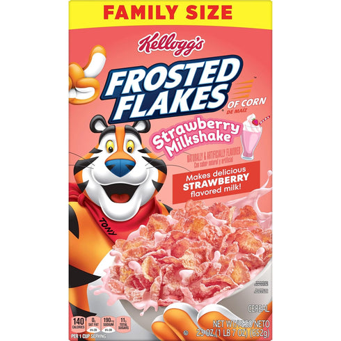 8 23oz (1 Kellogg's Frosted Flakes Cold Breakfast Cereal, Vitamins and Minerals, Kids Snacks, Family Size, Strawberry