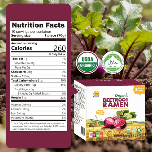 SUNGIVEN 3 2.47 OZ (Pack 10) Organic Ramen Noodles Beetroot Healthy Low Sodium Ready in Minutes Non-Fried Instant No
