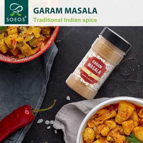 Soeos Garam Masala, 3.2 oz (90g), All Natural Vegan Spice Powder, Indian 8-Spice Blend, Kosher Masala Seasoning