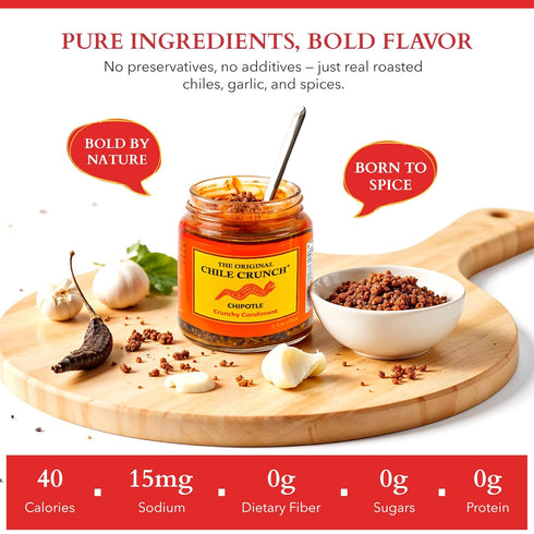 5.5oz CHILE CRUNCH - Chipotle Spicy Crunchy Condiment - All Natural Roasted Chili Peppers, Garlic & Onion Crisp Sauce