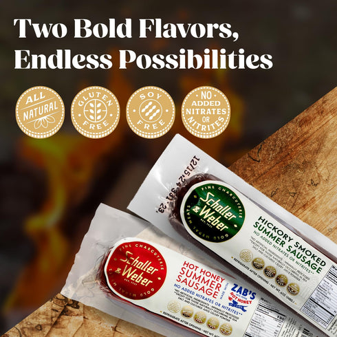 Summer 6 Oz (Pack 2) Schaller & Weber Variety Pork Sausage, of | Hickory & Zab's Hot Honey | Ready to Eat German Smoked