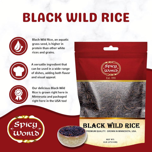 Spicy World 6 Minnesota Grown Black Wild Rice Pound Bag - Premium Quality, All Natural - by
