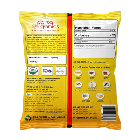 2lbs, Hummus Pack Darsa Organics Garbanzo Beans Chickpeas USDA Organic certified dried Chick peas for and Curries