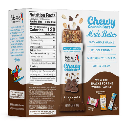 (5 Count), Blakes Seed Based Chewy Granola Bars Chocolate Chip Vegan, Gluten Free, Nut Free & Dairy Free, Healthy