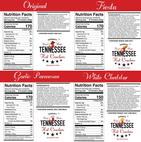 Pack, (4 Pack, 4 Sherman's Tennessee Hot Crackers, Spicy Snack Cracker Variety flavors - Original, Fiesta, Garlic