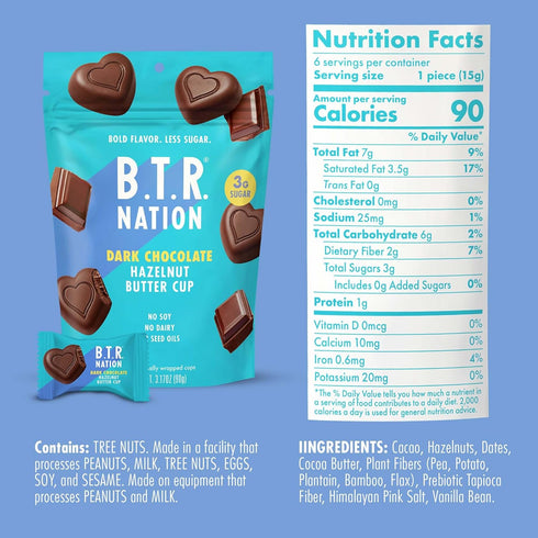 0g 3 Pack B.T.R. Nation - Dark Chocolate Hazelnut Butter Cups - Superfood Candy Date Sweetened Refined Sugar Vegan