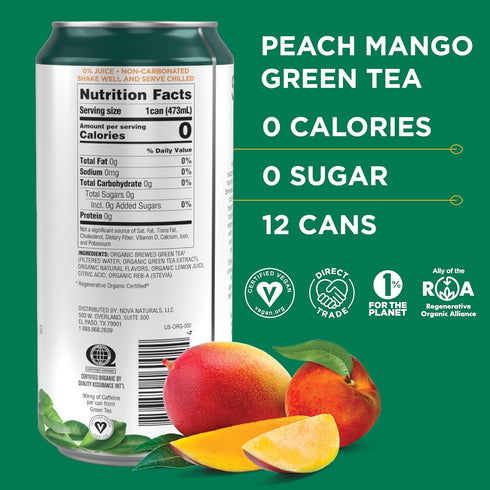 (12 Pack) 30mg 0 12 16 oz Steaz - Zero Sugar Organic Green Tea - Peach Mango Natural Caffeine, Calories, Sweetened Iced