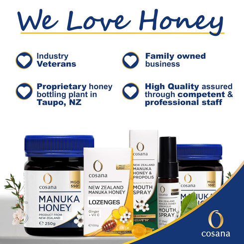 Cosana 13+ 400+ 8.8 oz 100% Manuka Honey UMF MGO Pure, bottled, sealed and certified in New Zealand