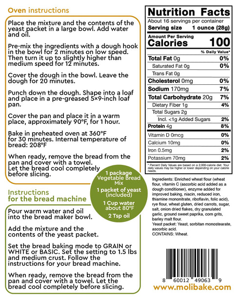 Pack 2 15 oz Molibake Vegetable Bread Mix of Savory Baking Mix with Carrots, Onion, Garlic & Paprika All-Natural
