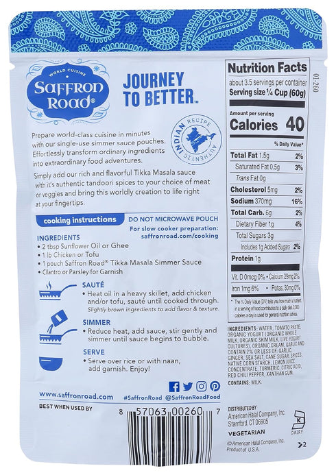Simmer 7oz Saffron Road Tikka Masala Sauce, - Non-GMO, Gluten Free, Halal, Kosher