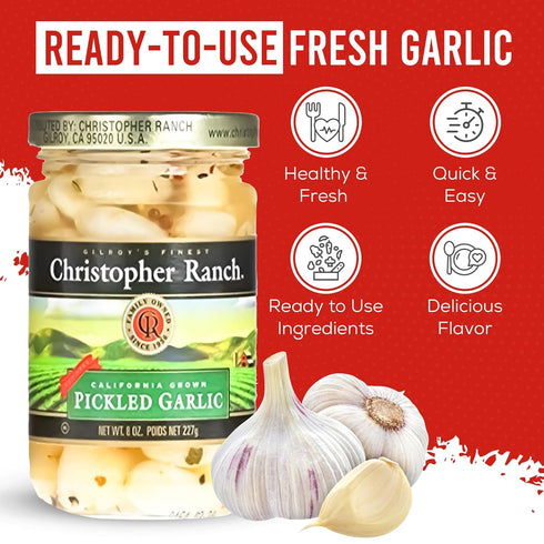 100% 8 oz (Pack 2) Christopher Ranch Pickled Garlic Cloves in a Jar | California-Grown Fresh Garlic | Peeled