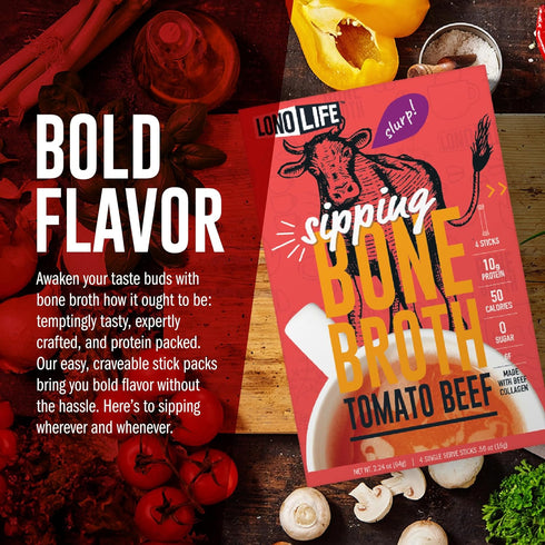 LonoLife Tomato Beef Bone Broth Powder Mix, Grass-Fed, 10g Protein, Collagen-Rich, Keto & Paleo Friendly, 4 Stick Packs