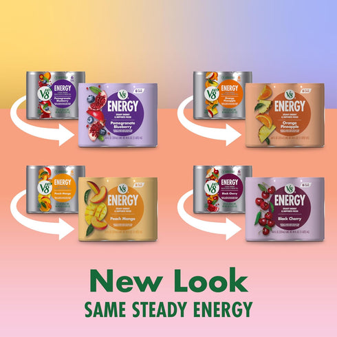 V8 8 oz (24 Pack) +Energy Peach Mango, Orange Pineapple, Black Cherry and Pomegranate Blueberry Juice Energy Drinks, fl