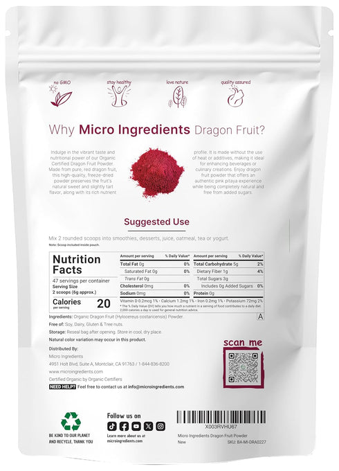 Organic Dragon Fruit Powder, 10oz, 100% Natural, Freeze-Dried Pink Pitaya, Non-GMO & Vegan Friendly