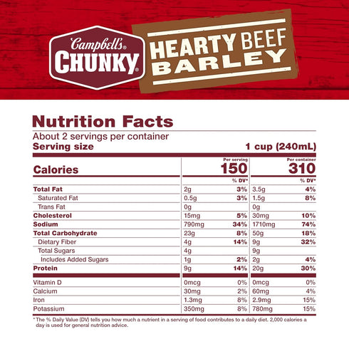 18.8 Oz (Pack 24) Campbells Chunky Soup, Hearty Beef and Barley Soup, Can