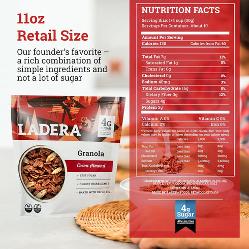 11 OZ Ladera Cocoa Almond Granola - Low Sugar Chocolate Breakfast Cereal, Gluten Free & Vegan, Honest Ingredients