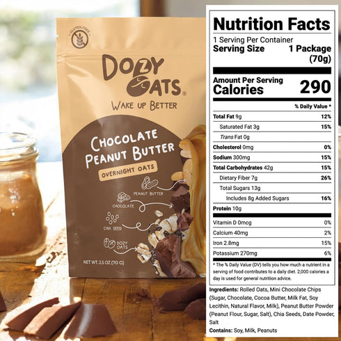 Dozy Packets, Multipack 12-Pack Oats Overnight Oatmeal Chocolate Peanut Butter with Rolled Oats, Chia Seeds, and Date