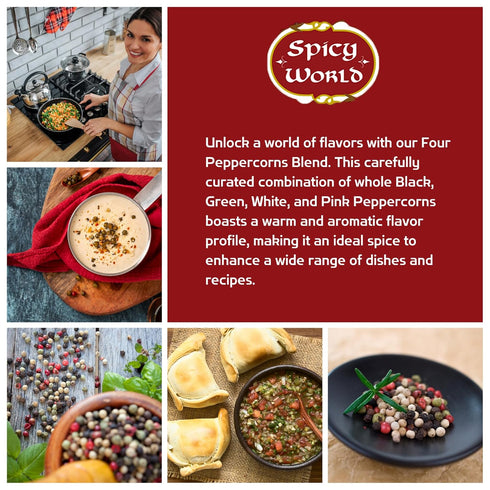 Spicy World Four Peppercorn Rainbow Blend, 8 Oz - Whole Black, Green, White & Pink Peppercorns