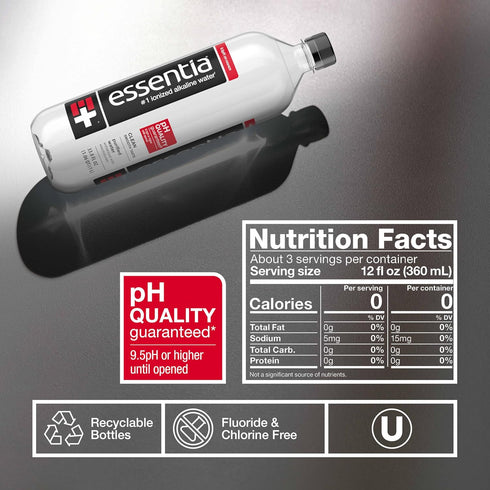 Water:99.9% 9.5 1 (Pack 12) Essentia Water Bottled, Ionized Alkaline Pure, Infused With Electrolytes, pH Or Higher