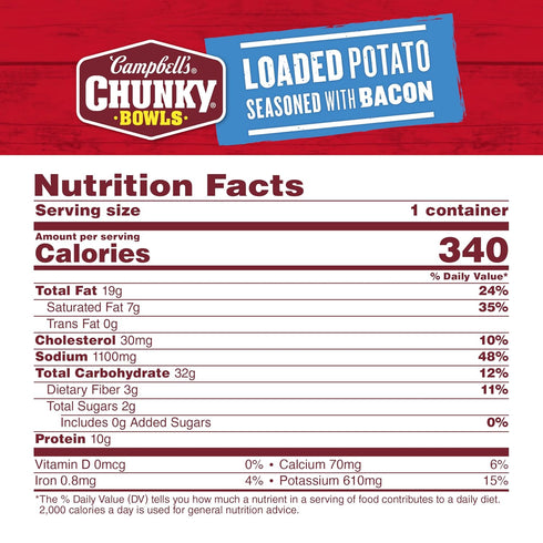 15.25 oz 8) Campbell's Chunky Soup, Loaded Potato Seasoned with Bacon, Microwavable Bowl (Case