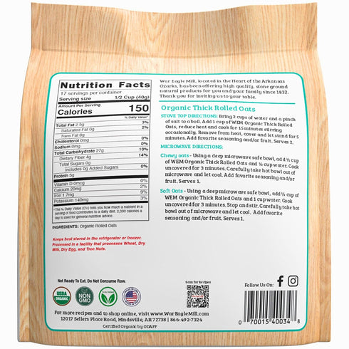 24 oz Bag-2 Pack War Eagle Mill Organic Thick Rolled Oats