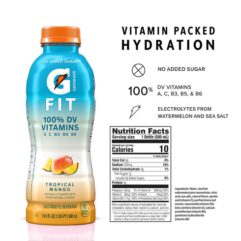 16.9.oz (12 Pack) Gatorade Fit Electrolyte Beverage, Healthy Real Hydration, Tropical Mango, Bottles