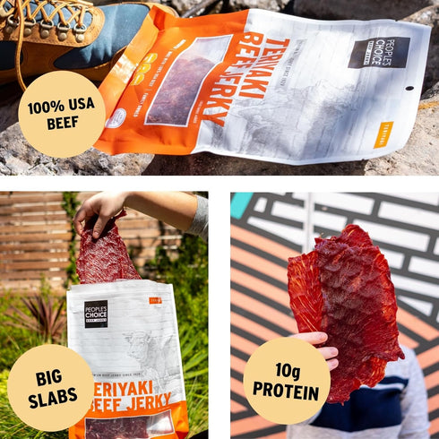 10g 15 Count, 19.2 oz Peoples Choice Beef Jerky Teriyaki Big Slab Whole Muscle, Thin-Sliced, Tough Texture Protein per
