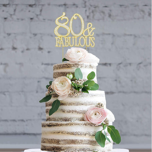 Premium Gold Metal 80 Cake Topper - 80 and Fabulous - 80th Birthday Party Decoration, Sparkly Rhinestone
