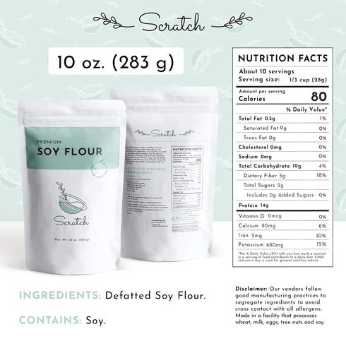 Scratch Premium Defatted Soybean Flour, Gourmet Baking Ingredients, Low Fat Healthy Flour Substitute, 10oz