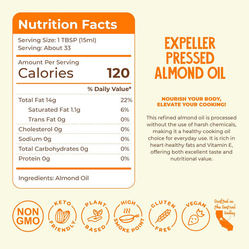 16oz, Pack 1 Fresh Vintage Farms Almond Oil | Expeller-Pressed California Almond Oil | & Versatile Cooking Oil