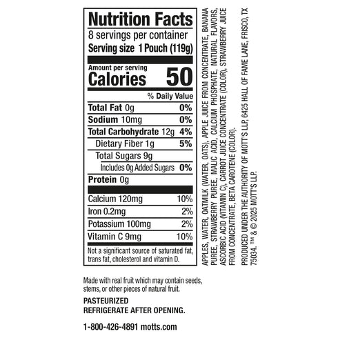 4.2 oz 8 Pack, Motts Fruit Smoothies Strawberry Banana, clear pouches, Non-dairy, Made With Oatmilk, Made With Real