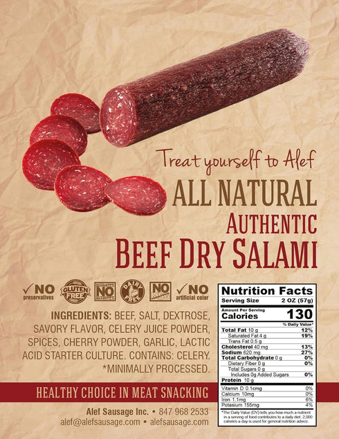 ALEF (3 packages 4 oz. Uncured All Natural Authentic Beef Dry Salami each)NITRATE FREE, NITRITE FREE, MSG FREE, DAIRY