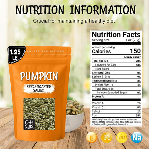 1.25 lb Packed Oh! Nuts Pumpkin Seeds - Roasted Salted - - No Shell Pepitas - in New York Zip-Seal Bag for Exceptional