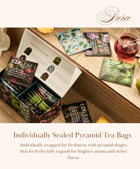 22ct Dreamland, Set Decaf Herbal Tea Sampler EZR Leaf Caffeine-Free Pyramid Bags, Assorted Fruit & Floral Blends
