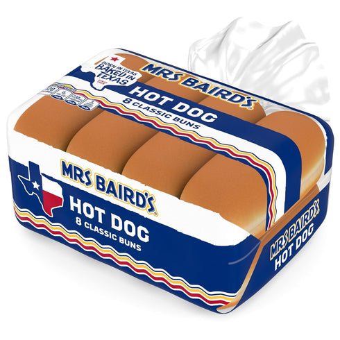 MRS BAIRD'S 8 count, (1.5 oz 12 oz White Classic Buns, each), Sliced Hot Dog Buns, Bag