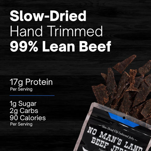 16G 8.5oz No Mans Land High Protein Beef Jerky | Protein, Low Carb, Low Calorie Beef Snack | Slow-Dried, Smoked