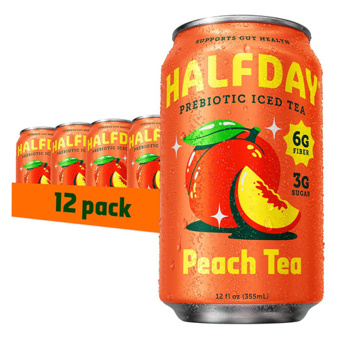 HALFDAY Prebiotic Peach Iced Tea Cans, Supports Digestive & Gut Health, 6g
