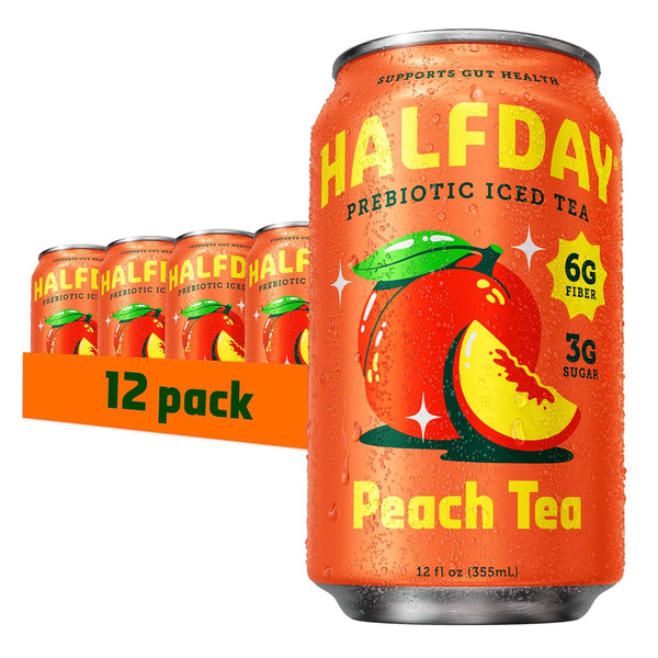 HALFDAY Prebiotic Peach Iced Tea Cans, Supports Digestive & Gut Health, 6g
