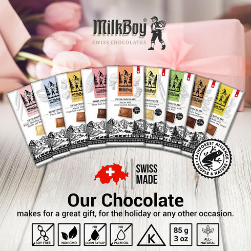 3 oz, Pack 5 Milkboy Swiss Chocolates Almond Chocolate Bars - Premium Swiss Alpine Milk Chocolate with Almonds - All
