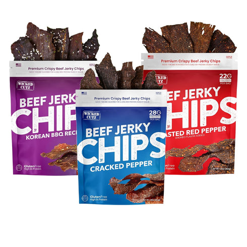 14g (2 Wicked Cutz Korean BBQ Beef Jerky Chips, Protein per Bag, Crispy & Crunchy Beef Jerky Crisps, USA Made Barbeque