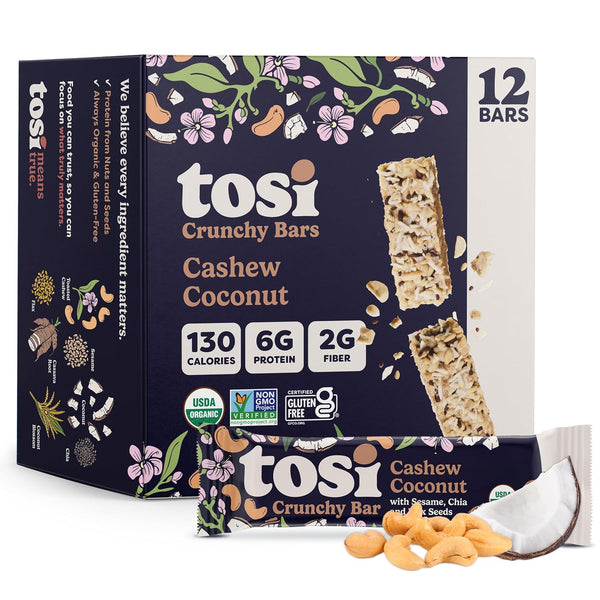 Tosi Nut Bars, Cashew Coconut, Healthy Snacks for Adults & Kids, Plant