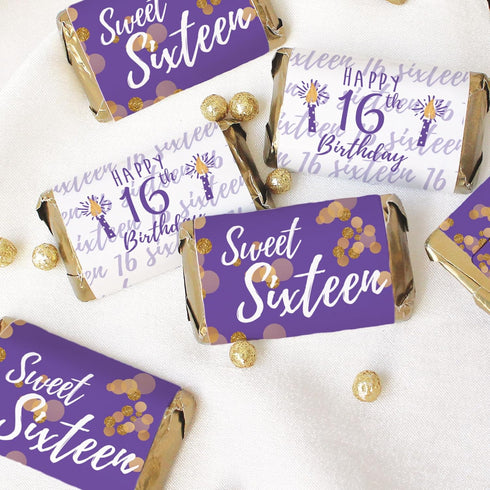 Sweet 16 Birthday Party Mini Chocolate Candy Bar Wrappers - Purple and Gold - 42 Stickers for Sweet Sixteen Favors