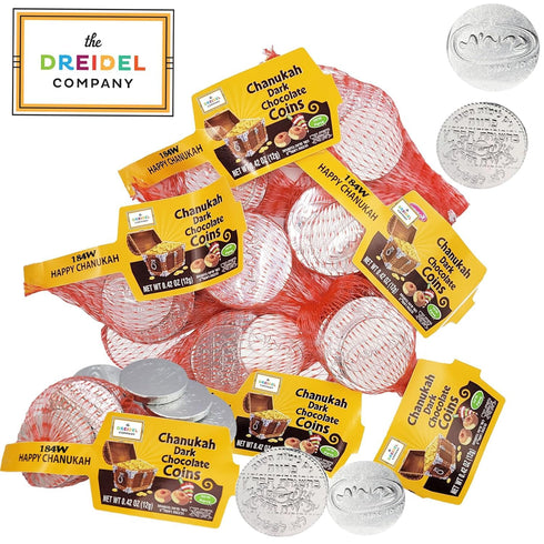 Gelt,12 12 The Dreidel Company Hanukkah Mesh Bags Dark Bittersweet Non Dairy Parve Coins, Made in Israel, Kosher